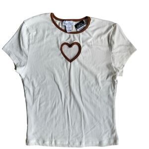 Rue 21 Cream Ribbed Heart Crop Top T-Shirt Size M 90's Y2K Twee Hearts Retro NWT